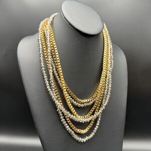✨ Vintage Gold & Crystal Multi-Strand Bib Necklace 20"-24" Statement Glam ✨